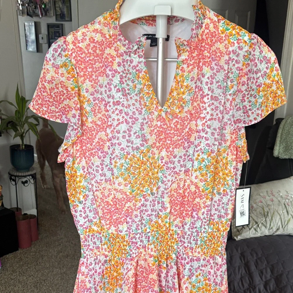 Sam & Jess Women's Floral-Printed Smocked-Waist Tiered Midi Dress Size L Spring - Picture 2 of 8